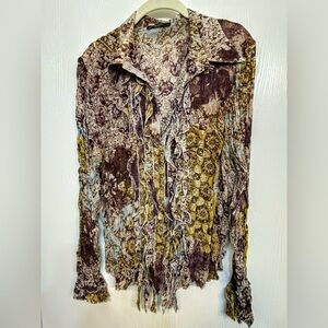 Ruffled Mixed-Print Blouse in Yellow and Brown